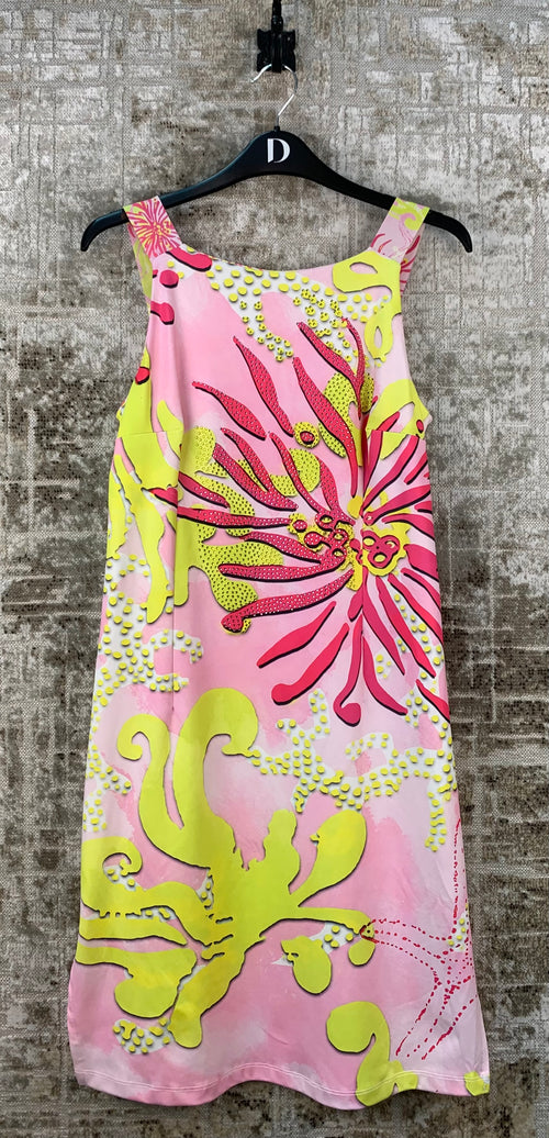 Missy Y2K Womens Pink Yellow Floral Graphic Midi Dress