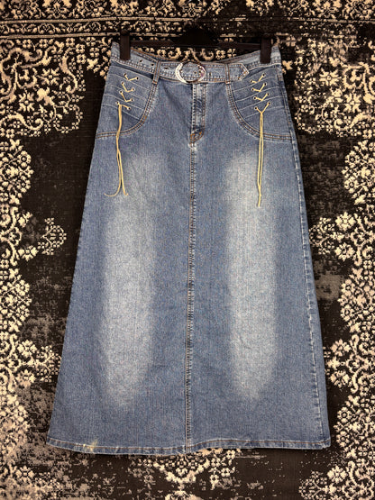 Women's Y2K Style Long Denim Skirt with Back Pockets