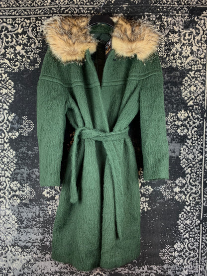 Women’s Vintage Green Wool Long Coat with Real Coyote Fur Hood