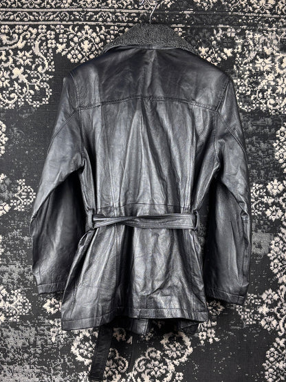 Women’s Vintage Black Genuine Leather Belted Jacket