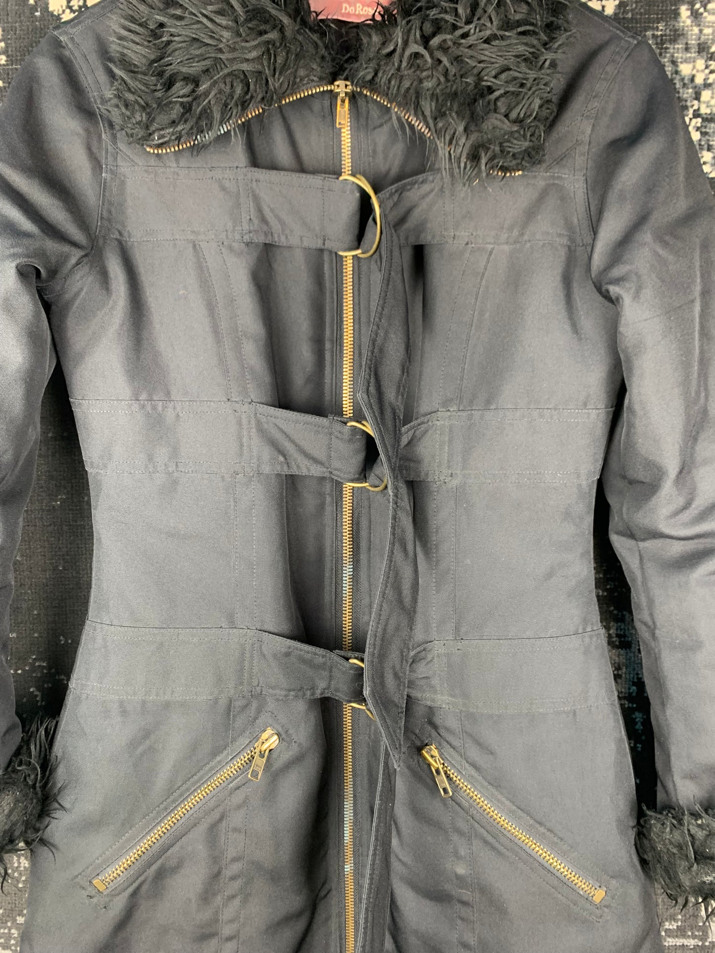 Women's Y2K Style Black Coat with Faux Fur Trim