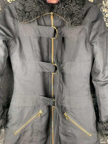 Women's Y2K Style Black Coat with Faux Fur Trim