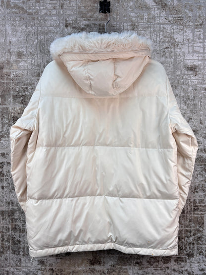 Womens White Puffer Jacket Faux Fur Hood Vintage Cream Winter Coat