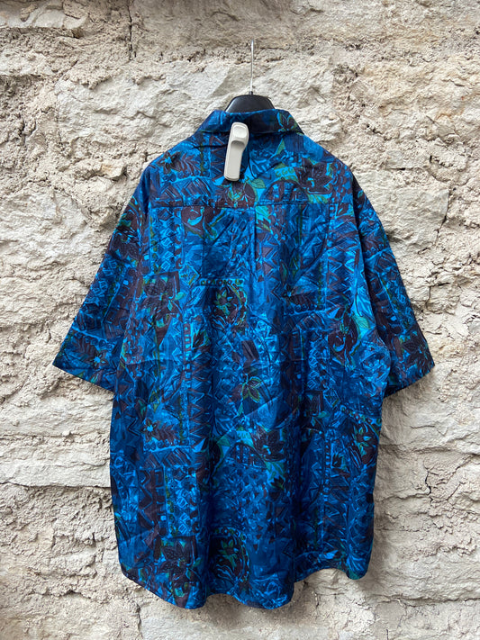 Blue printed THAI SILK short sleeve shirt