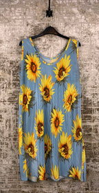 Womens Light Blue with Sunflower Ribbed Short Dress