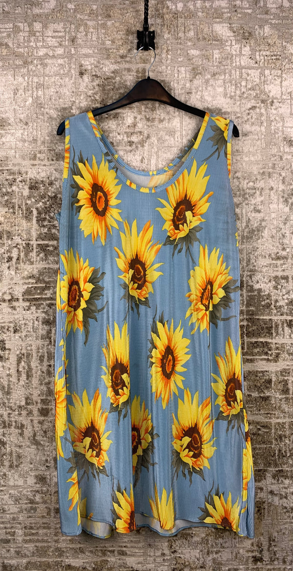 Womens Light Blue with Sunflower Ribbed Short Dress