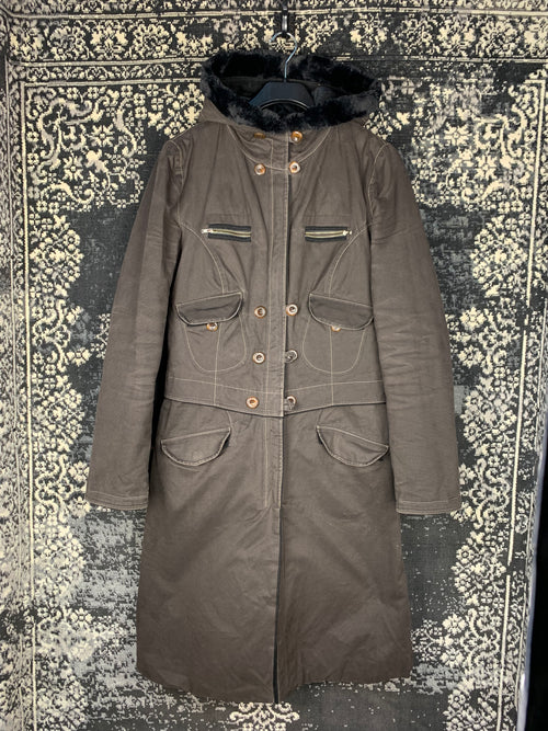 Y2K Style Brown Long Utility Coat for Women with Faux Fur Hood