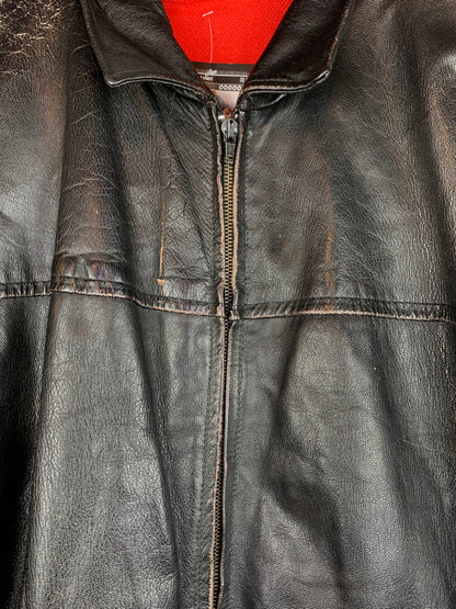 Vintage Black Leather Zip-Up Jacket with Stand Collar