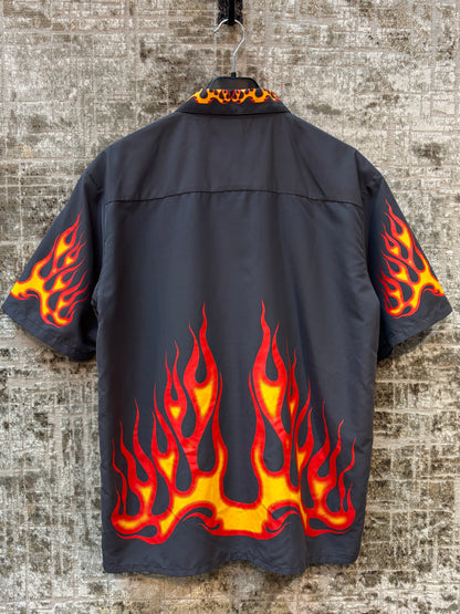 Mens Y2K Smog Rockers Flame Print Button Up Shirt