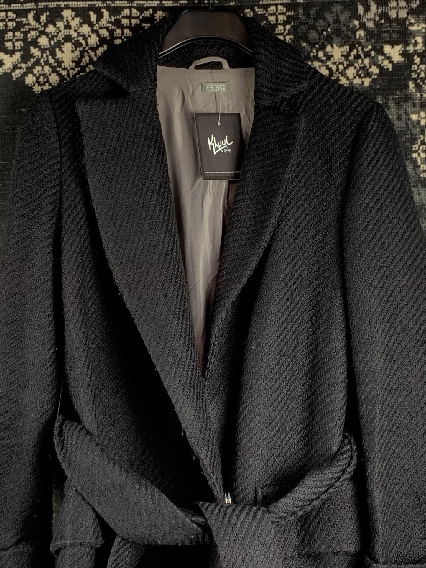 Women's Vintage Black Wool Coat with Textured Fabric