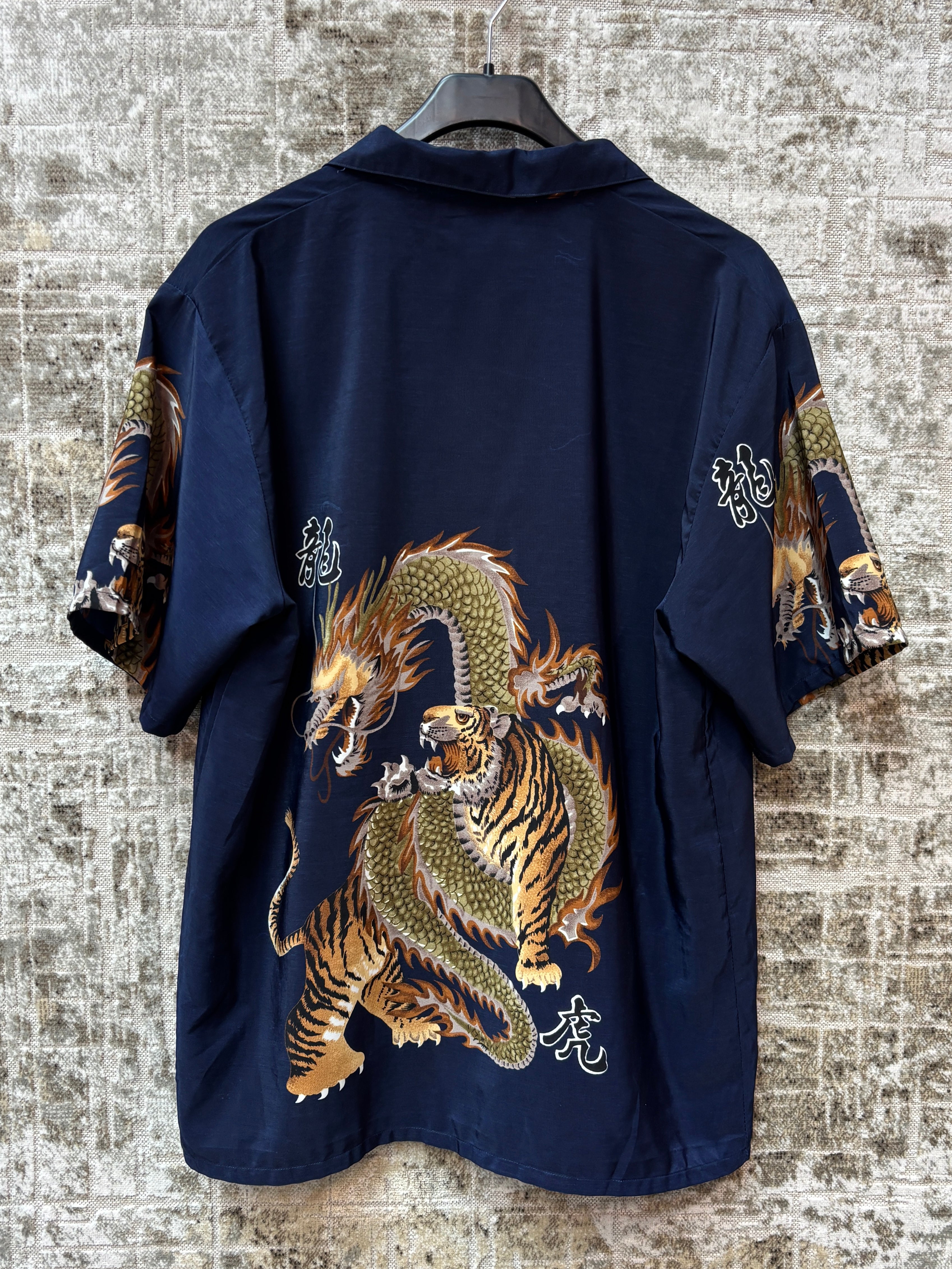 Mens Y2K Relig Dragon and Lion Button Up Shirt