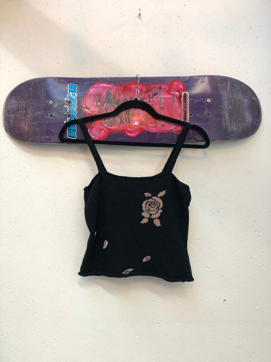 Y2K Black Knit Tank Top With Rose Graphic
