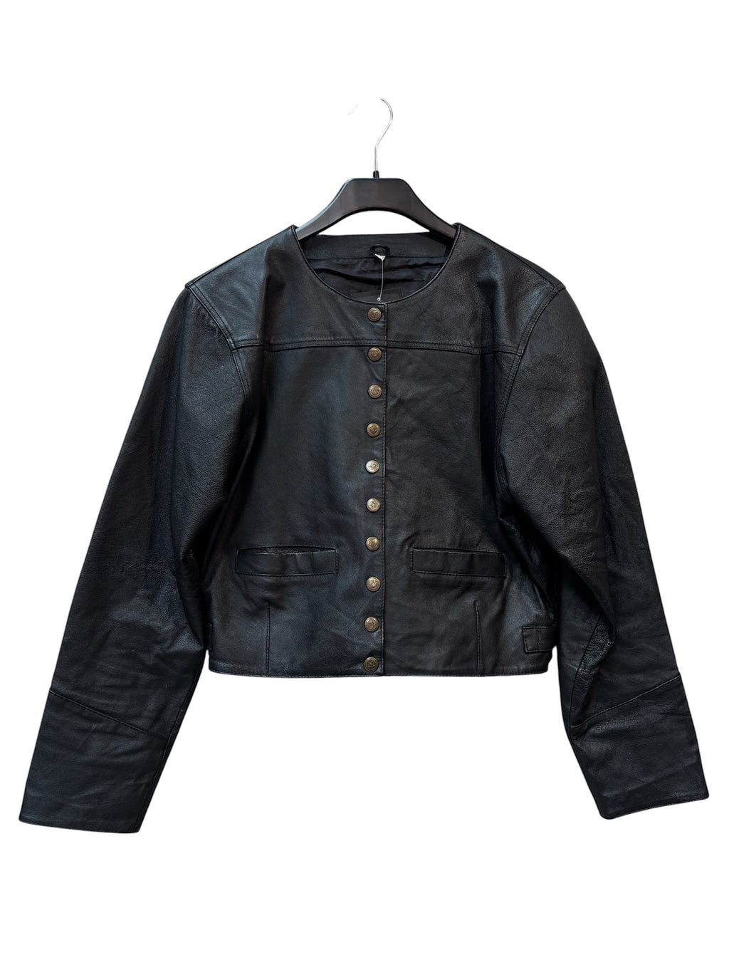 Vintage Collarless Cropped Leather Jacket