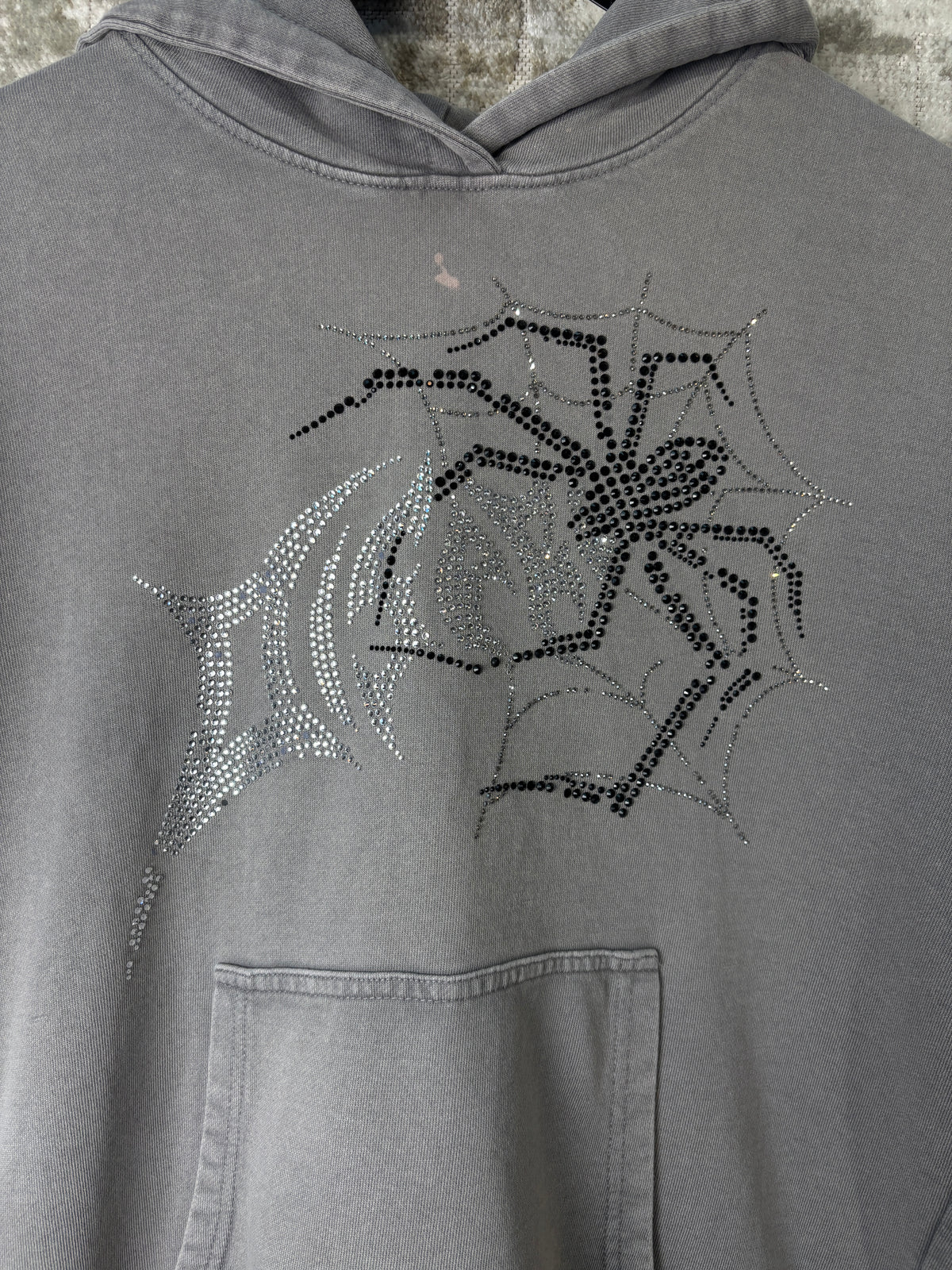 Rhinestone Spider Web Washed Grey Hoodie