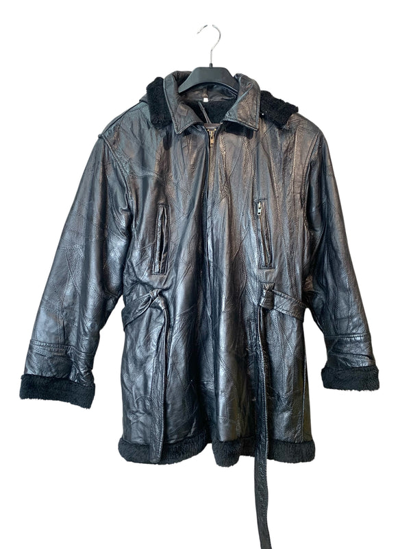 Patchwork Leather Faux Fur-Lined Hooded Coat