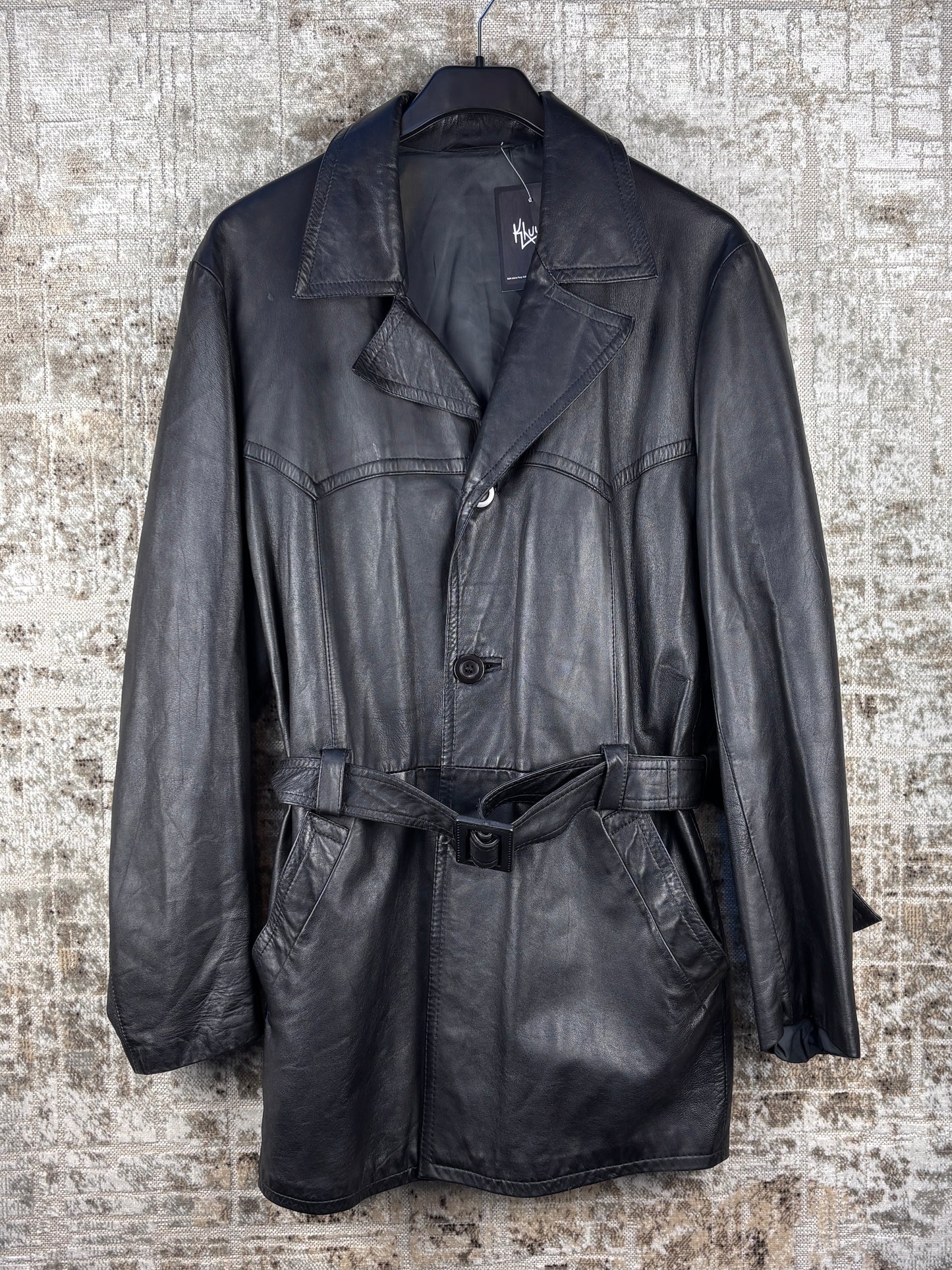 Womens Vintage Black Leather Coat Belted Jacket