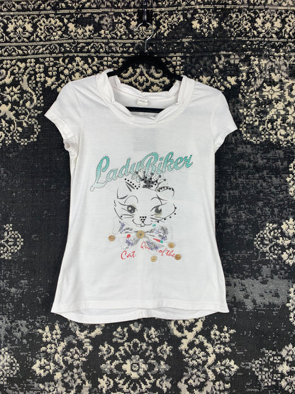 Y2K Women's White Lady Biker Iced Out T-Shirt