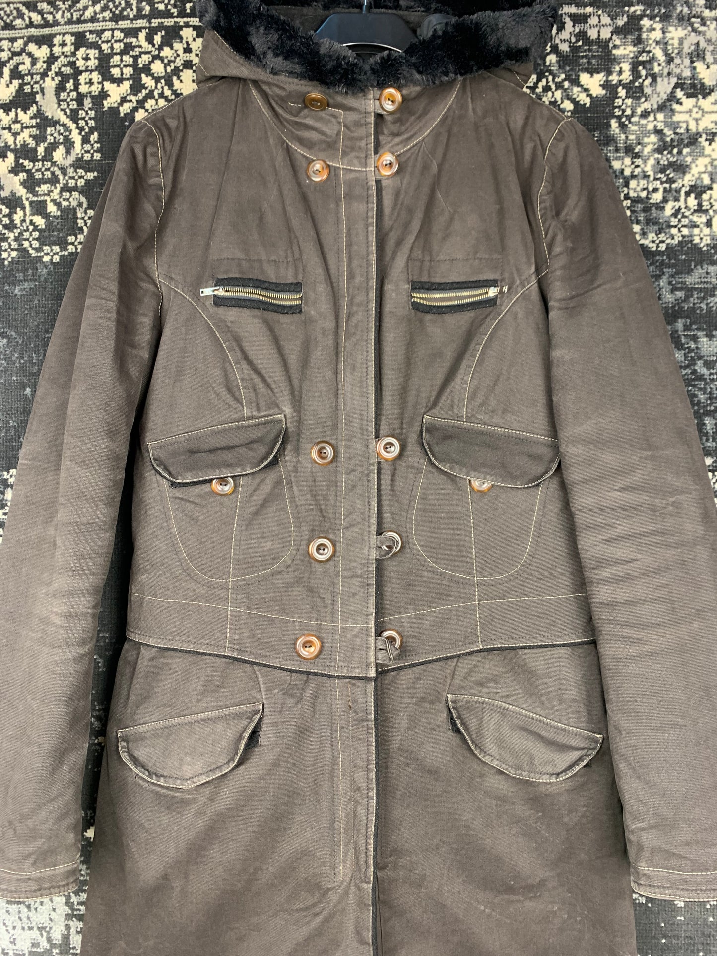 Y2K Style Brown Long Utility Coat for Women with Faux Fur Hood