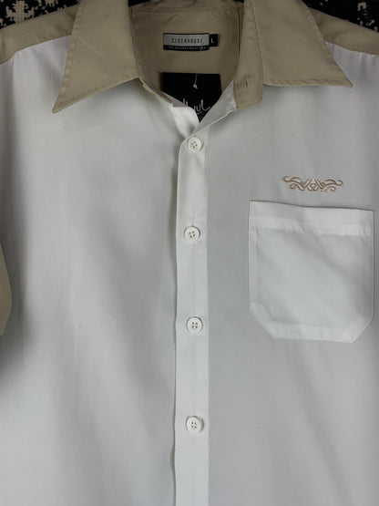Y2K Men's White and Beige Embroidered Tribal Button-Up Shirt