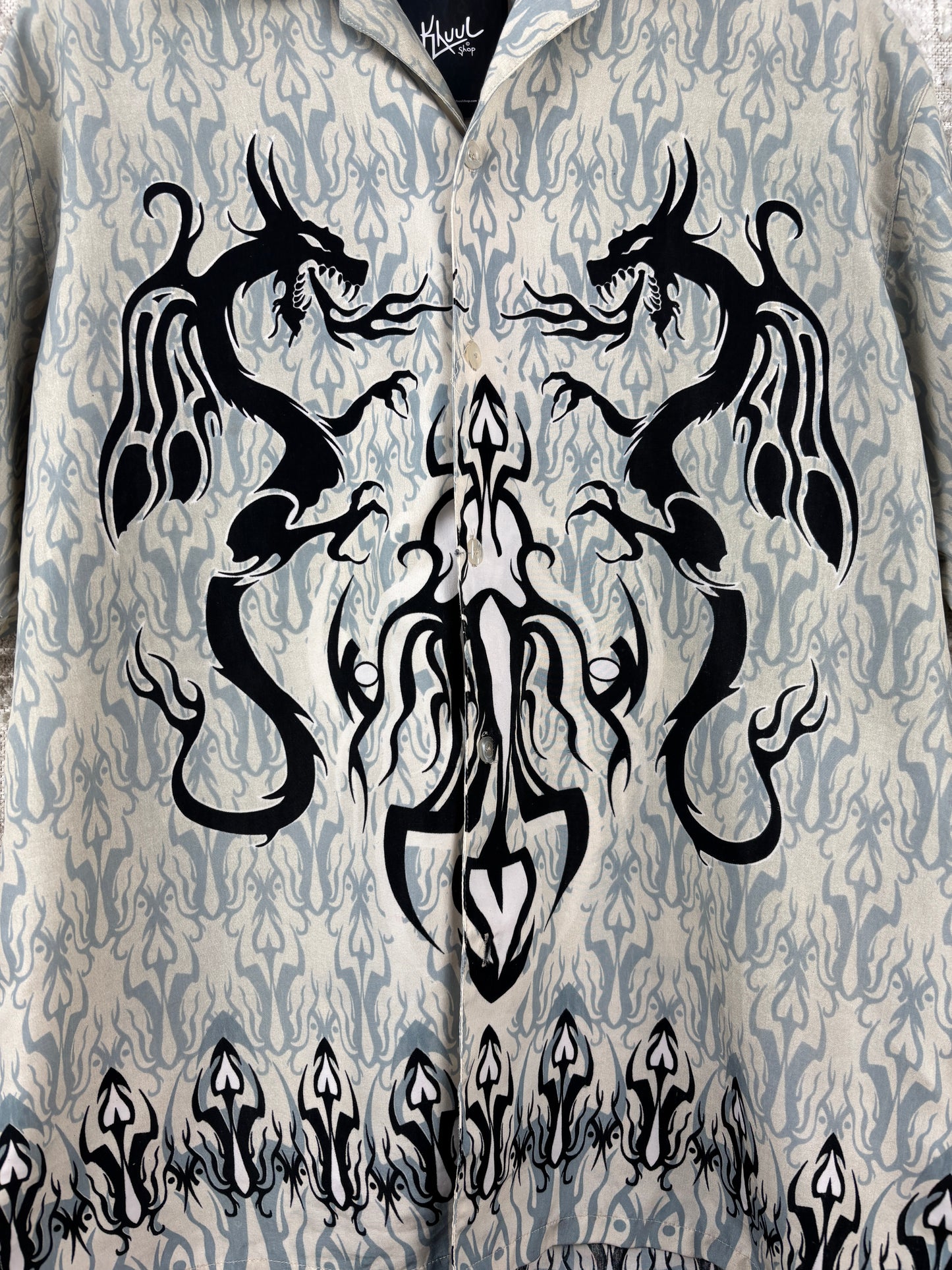 Mens Y2K Tribal Dragon Grey Button Up Shirt