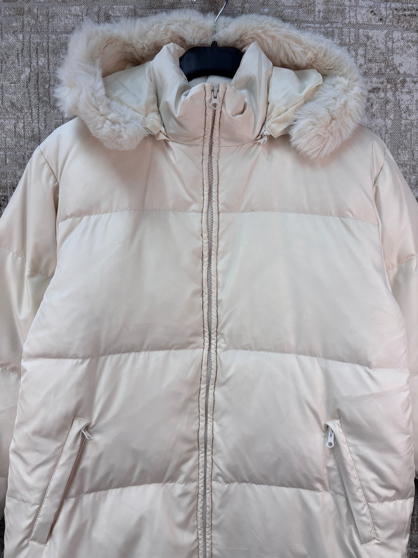 Womens White Puffer Jacket Faux Fur Hood Vintage Cream Winter Coat