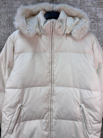 Womens White Puffer Jacket Faux Fur Hood Vintage Cream Winter Coat