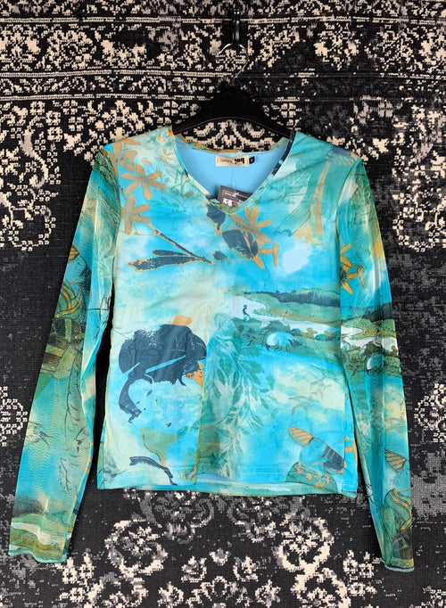 Womens Y2K Mesh Turquoise Long Sleeve Top