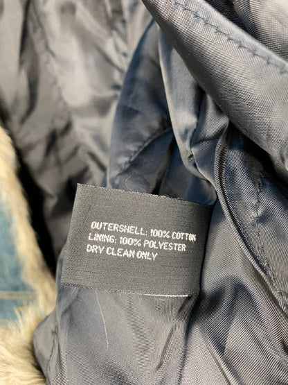 Women's Y2K Denim Jacket Grey Faux Fur Trim Blue Coat