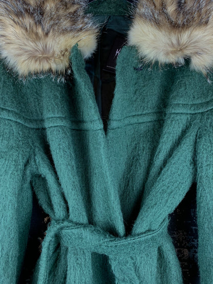 Women’s Vintage Green Wool Long Coat with Real Coyote Fur Hood