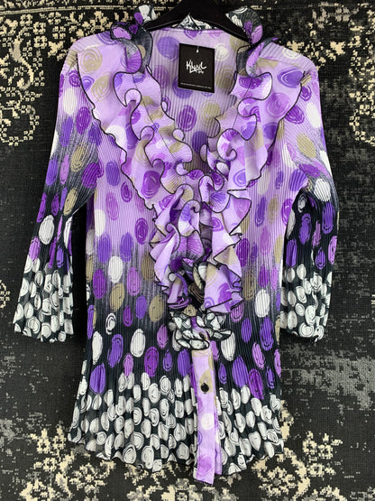 Retro Funky Ruffle Blouse – Purple Pleated Polka Dot Print