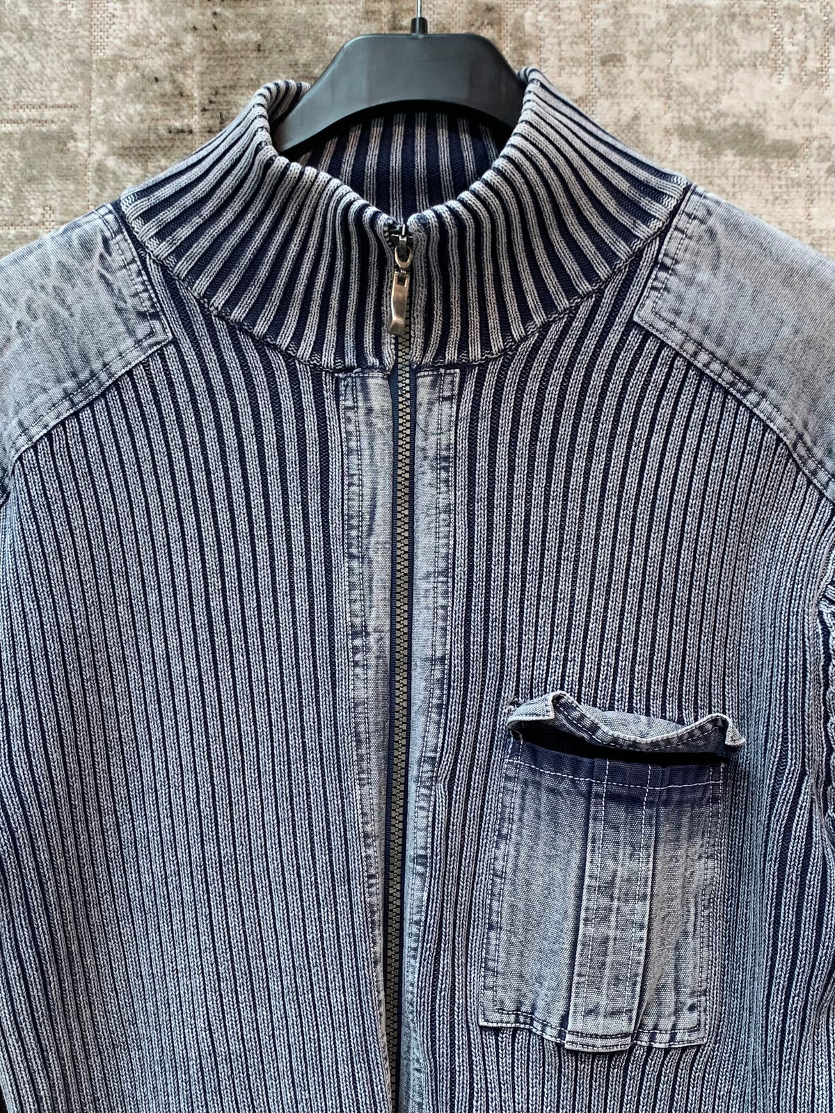 Y2K Ribbed Knit Denim-Panel Zip Jacket