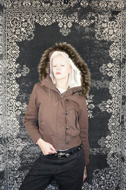 y2k mocha brown cropped jacket with fur trim