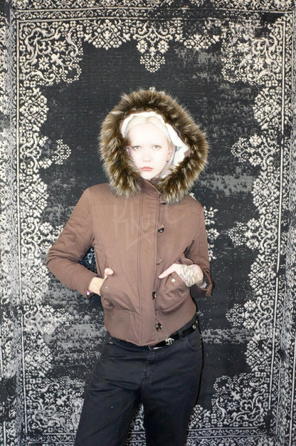 y2k mocha brown cropped jacket with fur trim