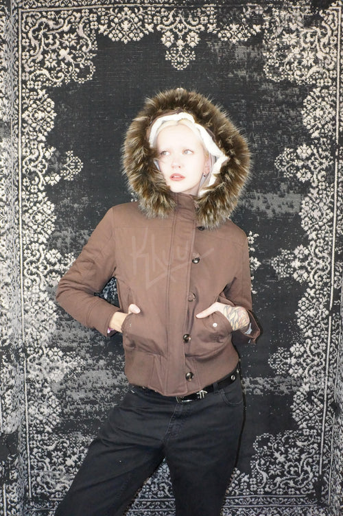 y2k mocha brown cropped jacket with fur trim