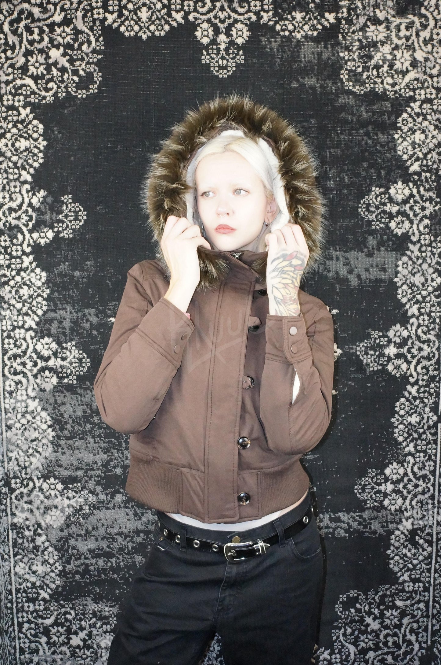 y2k mocha brown cropped jacket with fur trim