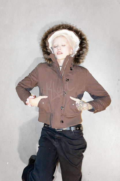 y2k mocha brown cropped jacket with fur trim