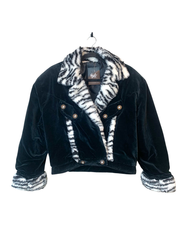 Vintage Velvet Zebra Faux Fur Trim Jacket
