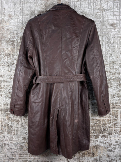 Women's Vintage Dark Brown Genuine Leather Belted Coat