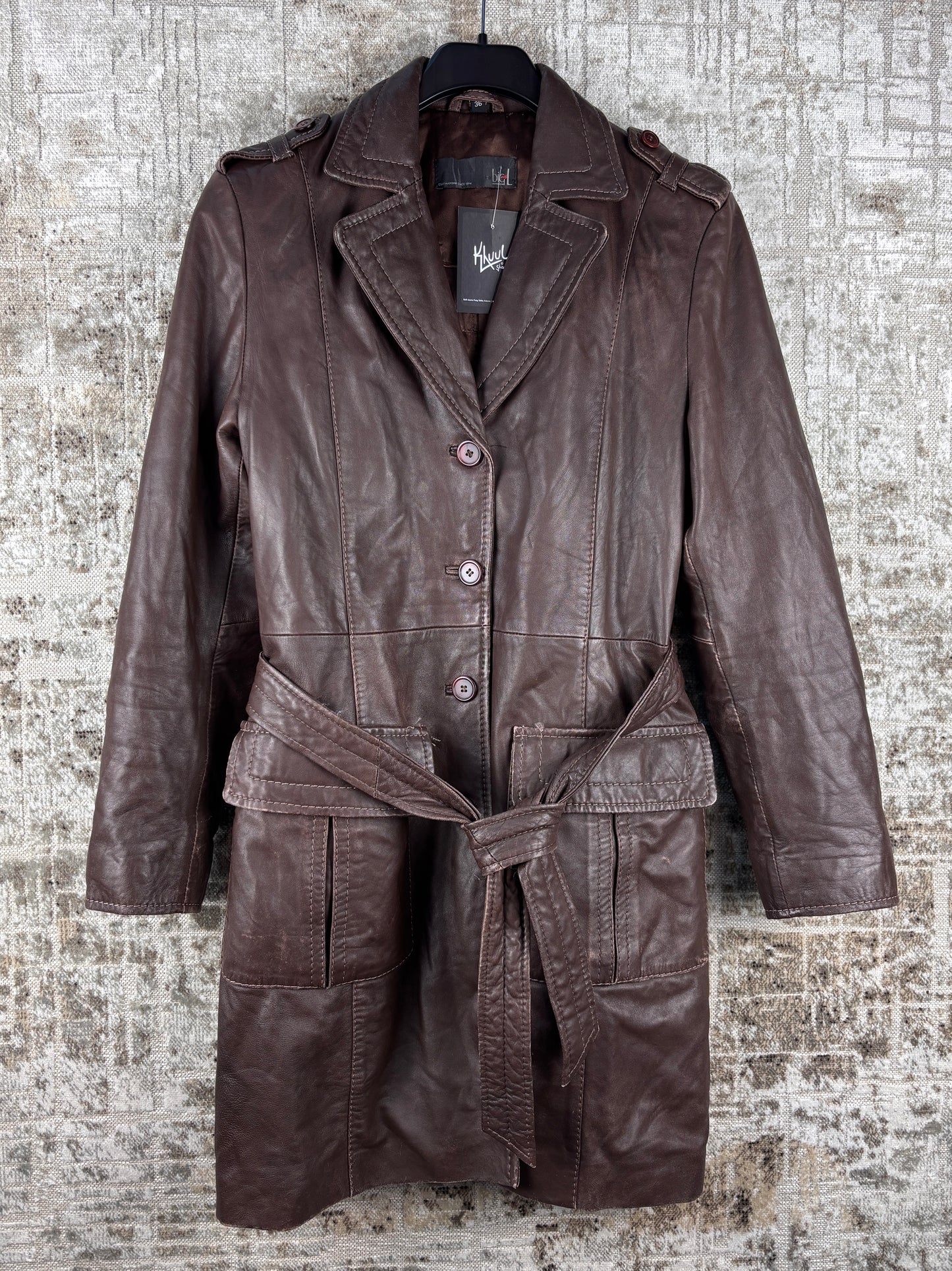Women's Vintage Dark Brown Genuine Leather Belted Coat