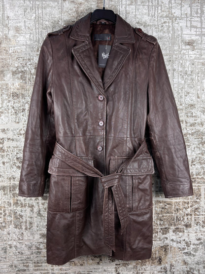 Women's Vintage Dark Brown Genuine Leather Belted Coat