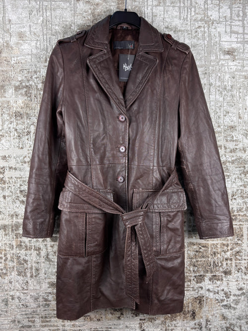 Women's Vintage Dark Brown Genuine Leather Belted Coat
