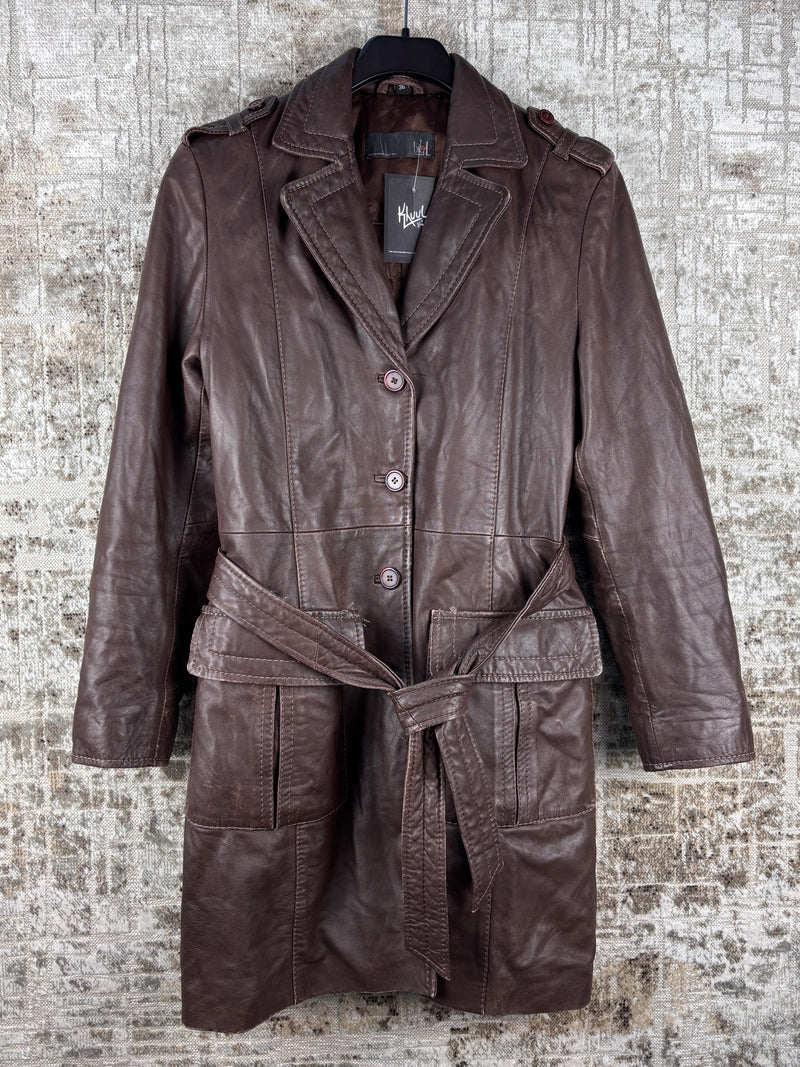 Women's Vintage Dark Brown Genuine Leather Belted Coat