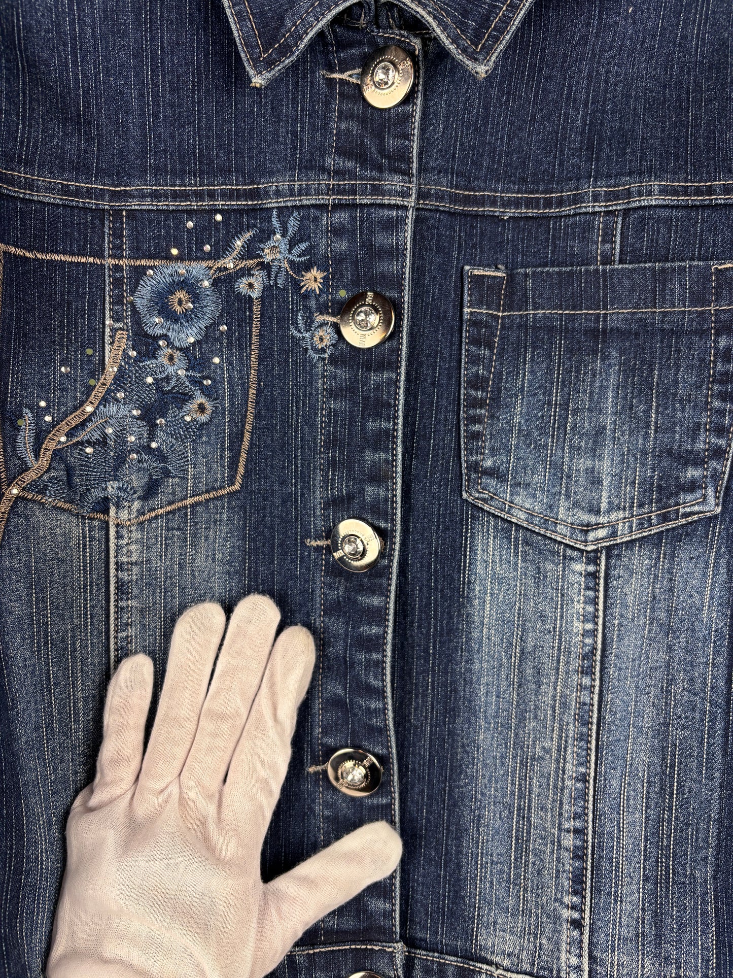 Womens Y2K Blue Denim Two Piece Set Embroidered Beaded Jacket