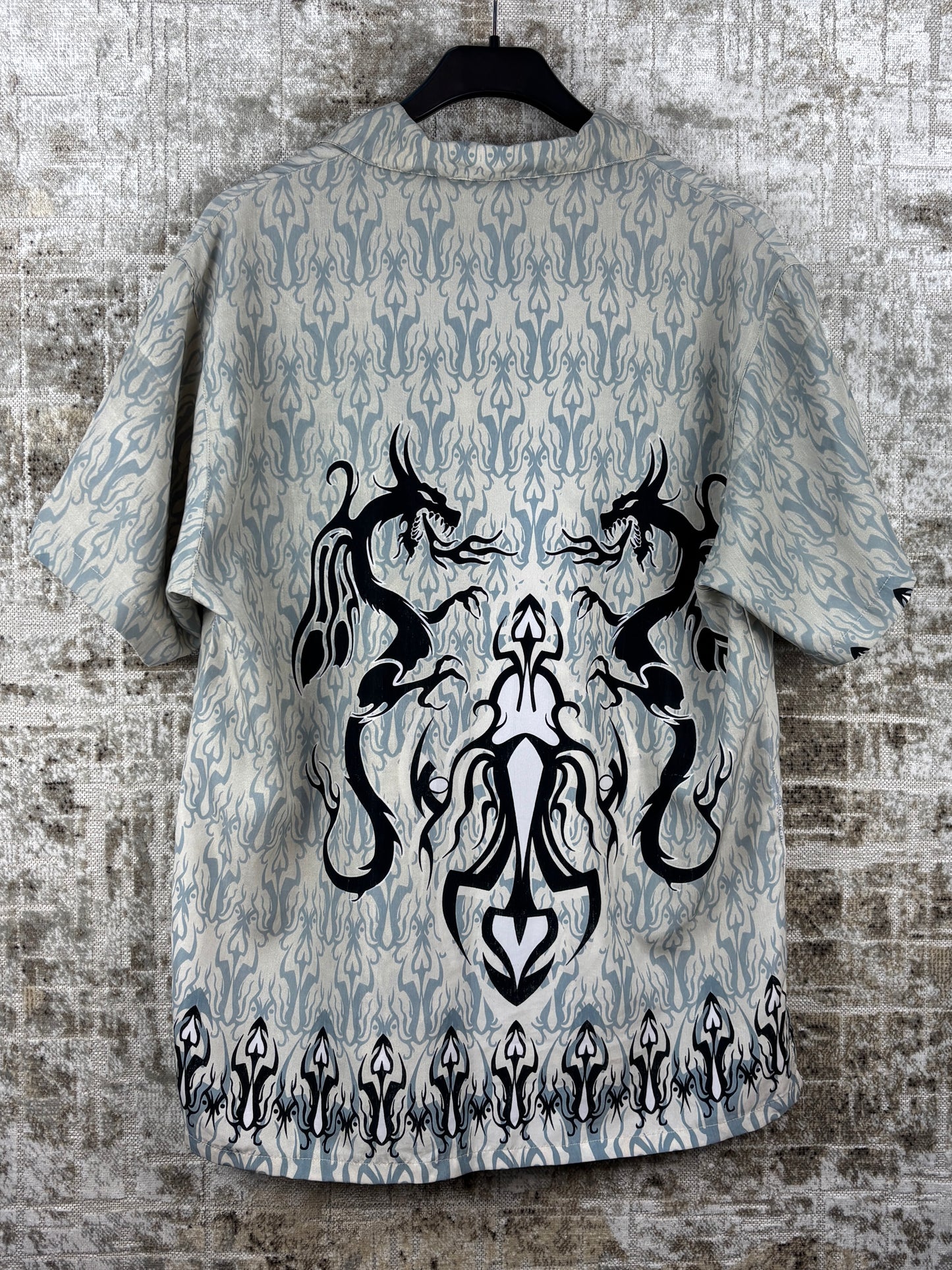 Mens Y2K Tribal Dragon Grey Button Up Shirt