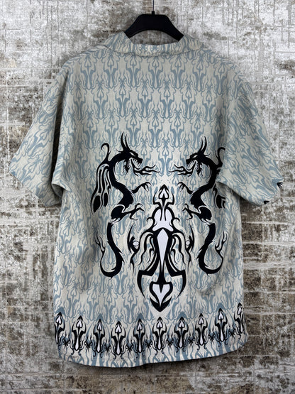 Mens Y2K Tribal Dragon Grey Button Up Shirt