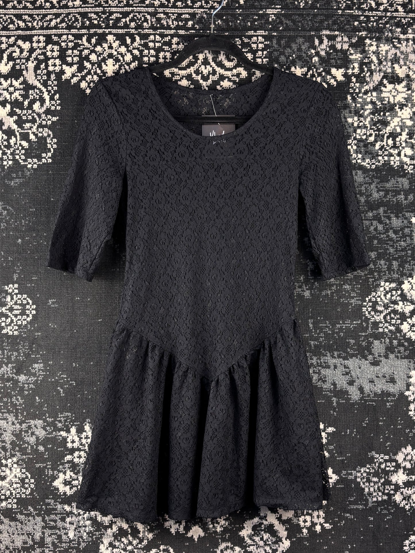 Womens Vintage Black Sheer Lace Mini Dress
