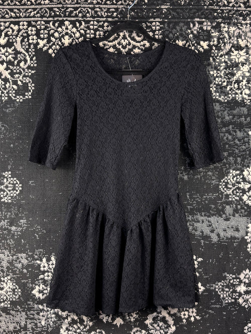 black sheer lace mini dress Black Sheer Lace Plunge Flared Sleeve Mini Dress