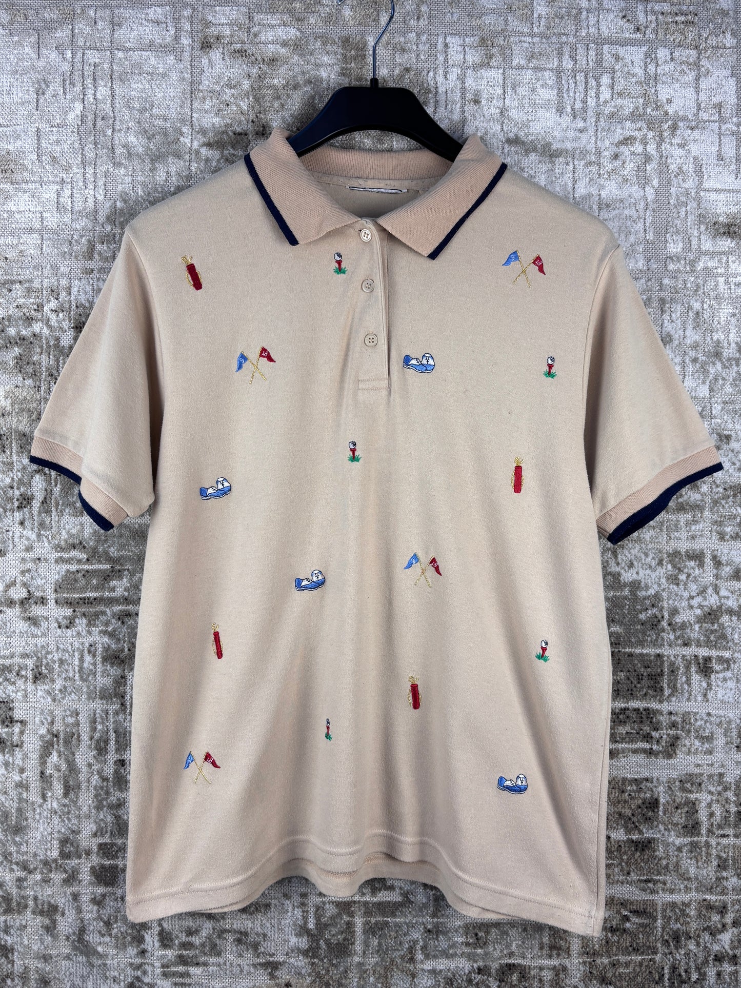Mens Vintage Beige Golf Embroidered Polo Shirt