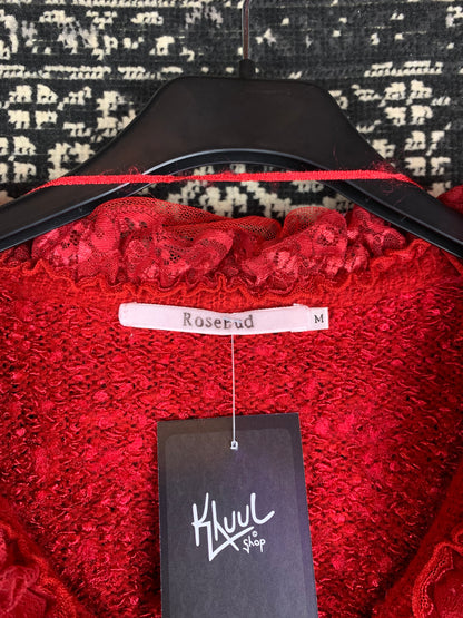 Romantic Vintage Red Knit Cardigan with Ruffle Trim