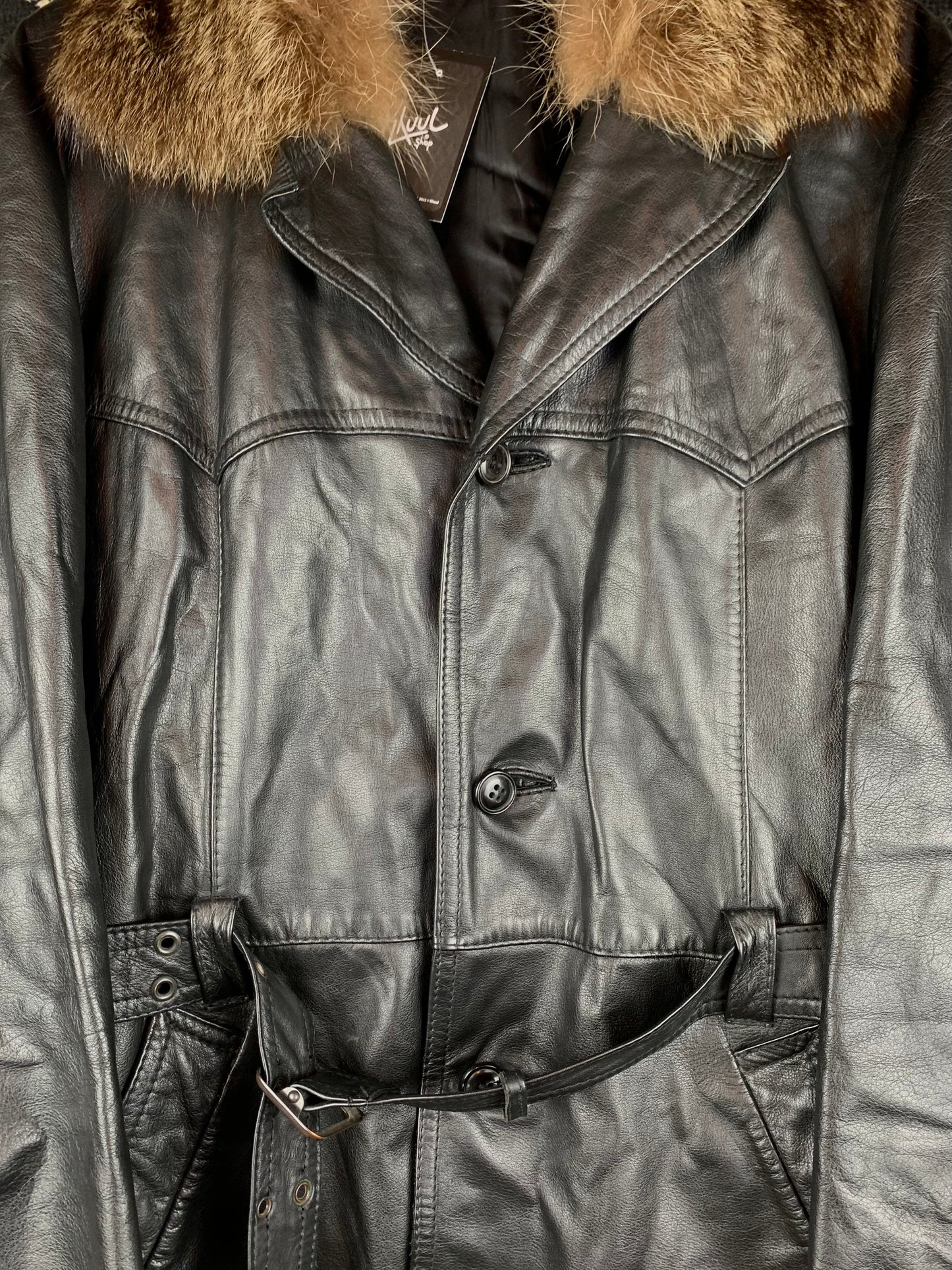 Mens Vintage Finnish Black Leather Fashion Coat